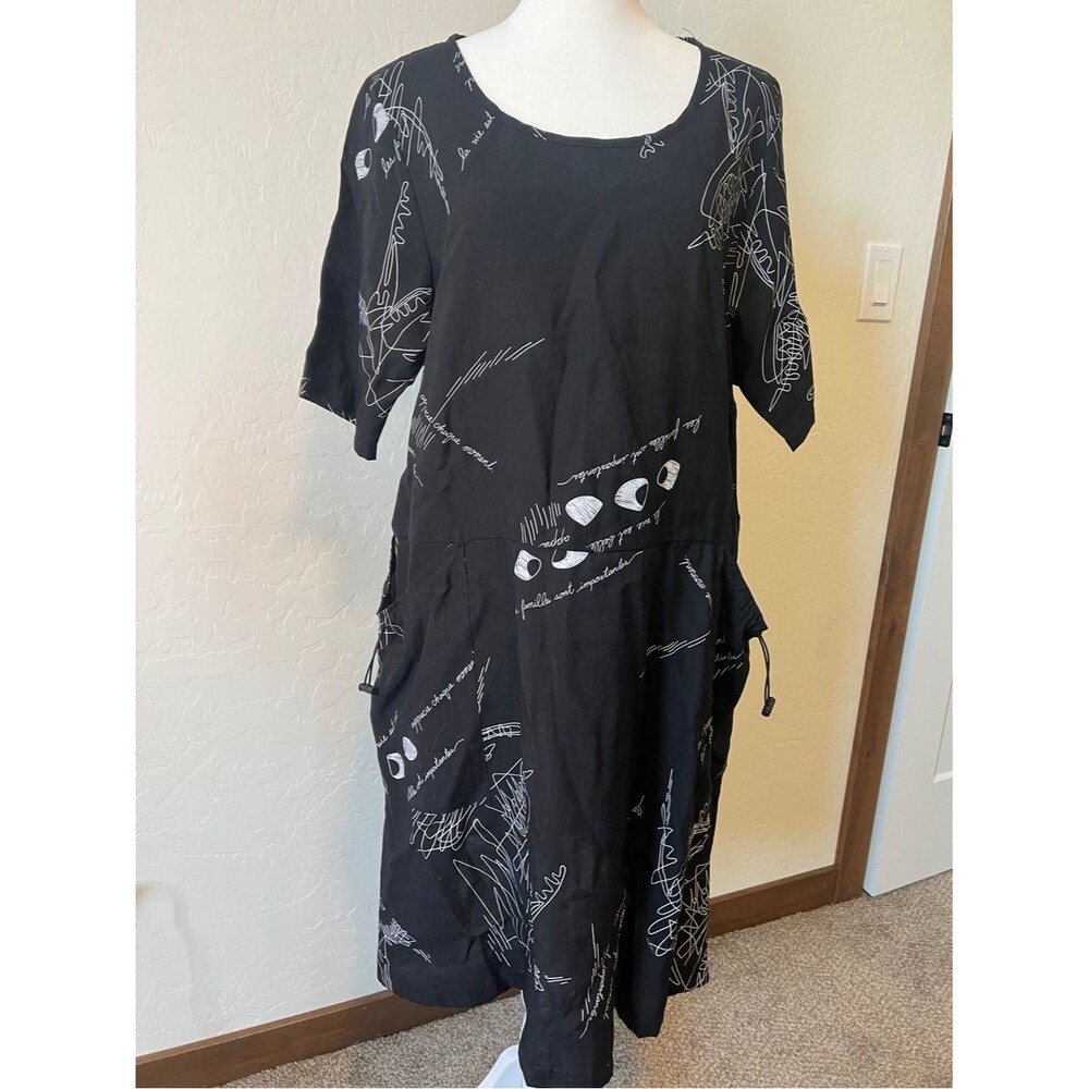 Comfy USA Artsy French Script Scribble Midi Shift Dress Pockets Black Lagenlook